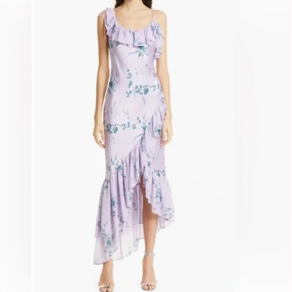 cinq a sept Lilac Floral Asymmetrical Ruffle Dress